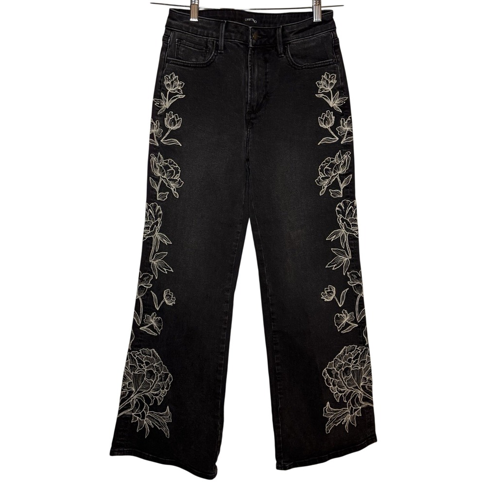 Driftwood Charlee Mid Rise Wide Leg‎ Jeans Womens 26 Black Floral Embroidery